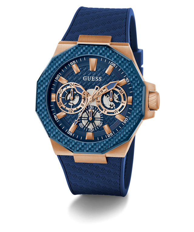 GW0853G3 GUESS Mens Blue Rose Gold Tone Multi-function Watch angle