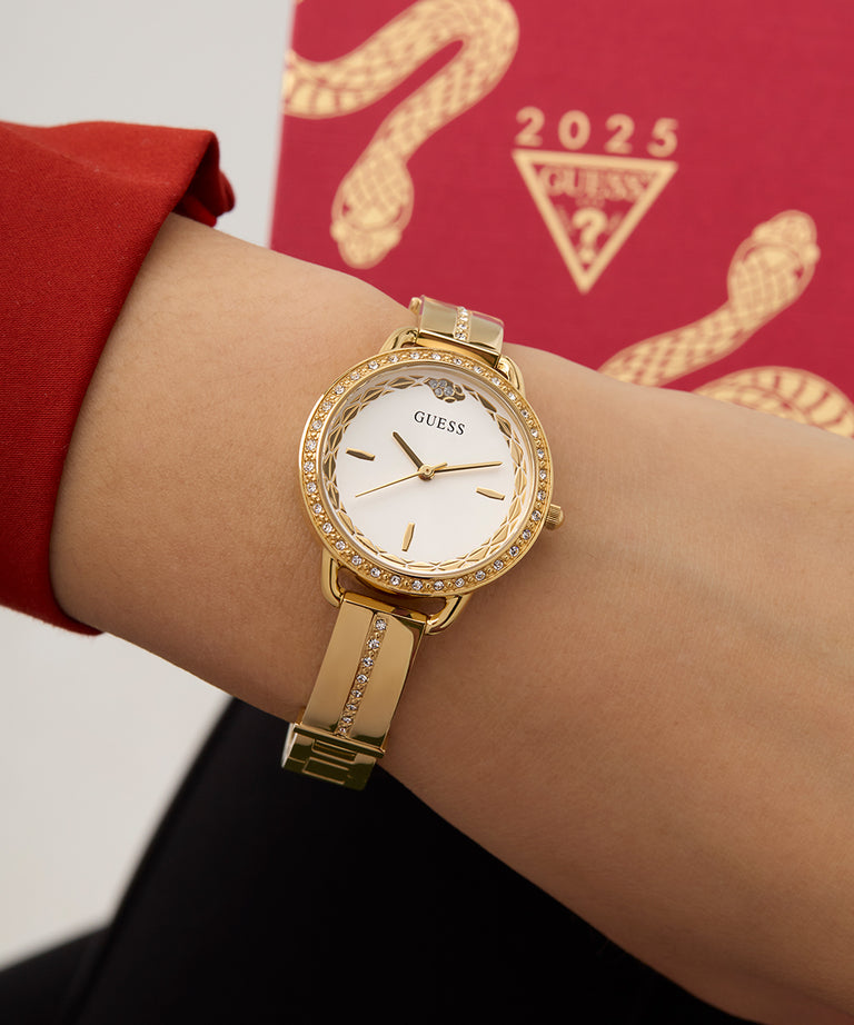 GW0856L1 GUESS Limited Edition Lunar New Year Ladies Gold Tone Analog Watch watch on arm