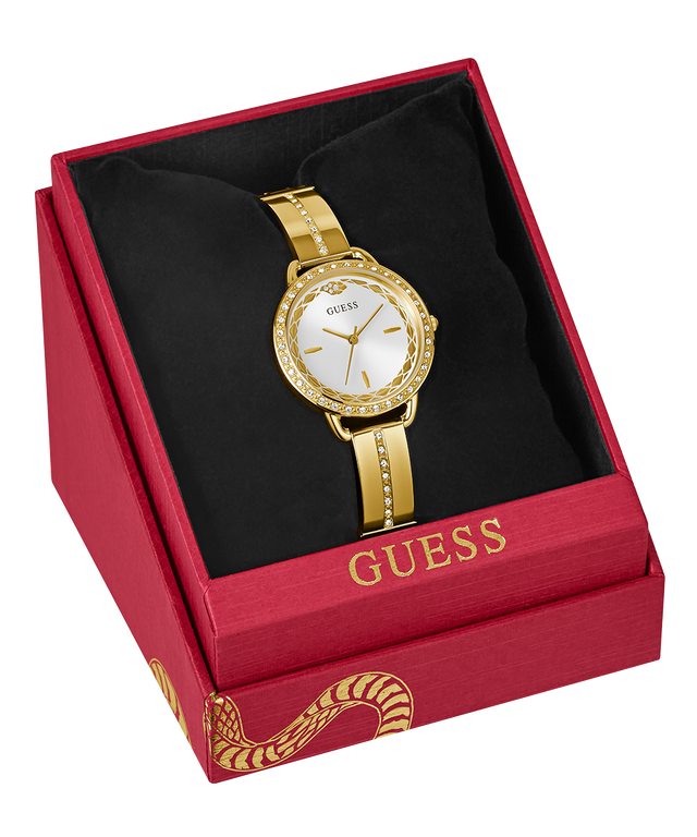 GW0856L1 GUESS Limited Edition Lunar New Year Ladies Gold Tone Analog Watch angle packaging