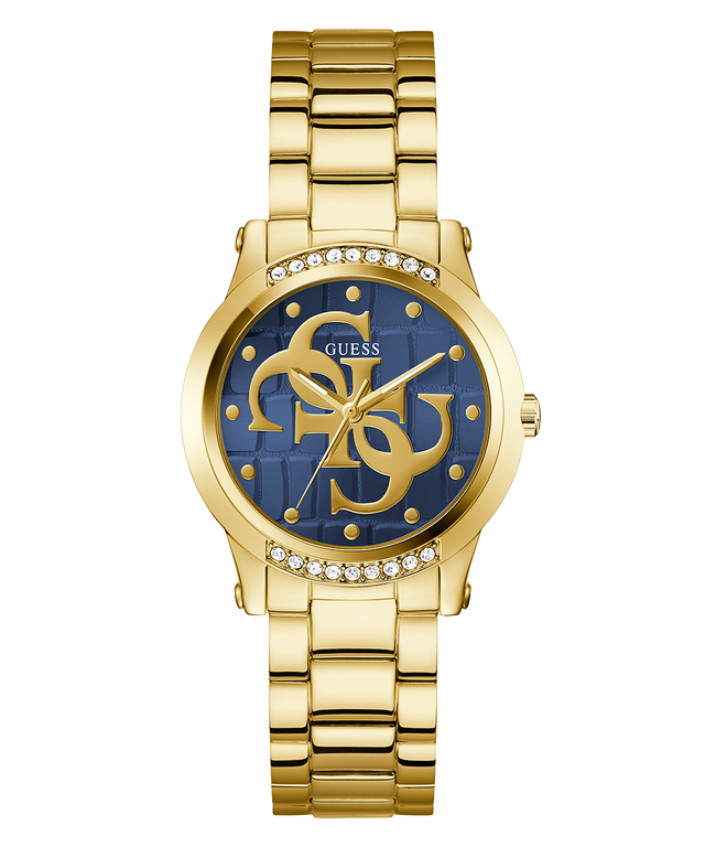 Gold GUESS Ladies Gold Tone Analog Watch  with blue face and Guess logo on a white background