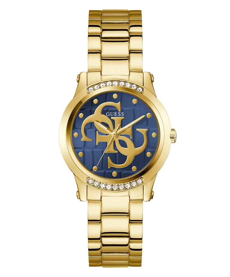 Gold GUESS Ladies Gold Tone Analog Watch  with blue face and Guess logo on a white background