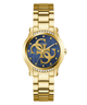 Gold GUESS Ladies Gold Tone Analog Watch  with blue face and Guess logo on a white background