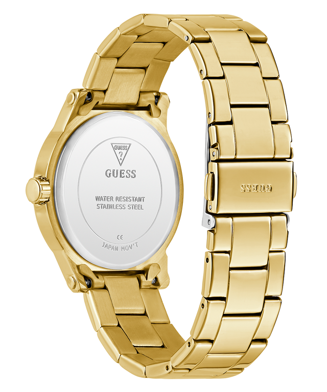 Gold GUESS Ladies Gold Tone Analog Watch with visible brand logo on a white background