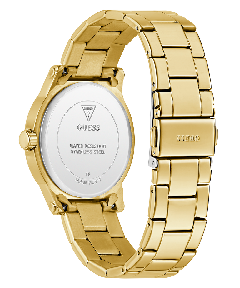 Gold GUESS Ladies Gold Tone Analog Watch with visible brand logo on a white background