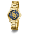 Gold GUESS Ladies Gold Tone Analog Watch with blue dial featuring a logo on a white background