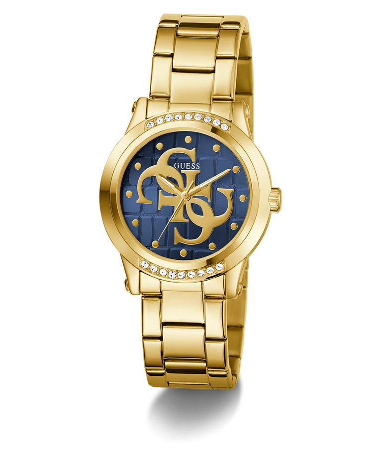 Gold GUESS Ladies Gold Tone Analog Watch with blue dial featuring a logo on a white background