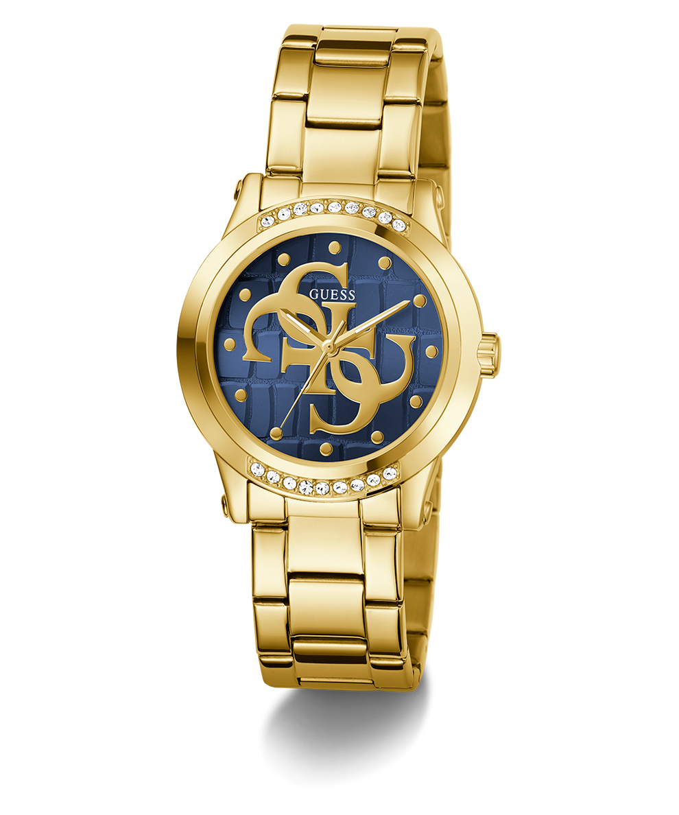 Gold GUESS Ladies Gold Tone Analog Watch with blue dial featuring a logo on a white background