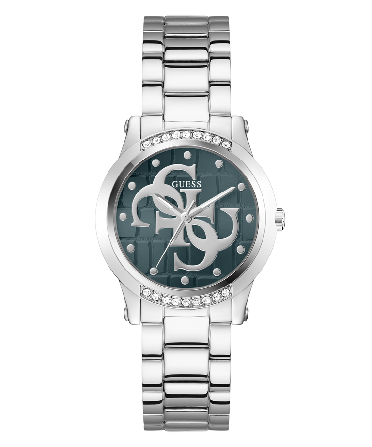 A Guess women's analog watch with a silver stainless steel link bracelet, a round silver bezel accented with clear crystals, and a dark green dial featuring the brand's interlocking G logo.