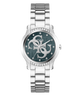 A Guess women's analog watch with a silver stainless steel link bracelet, a round silver bezel accented with clear crystals, and a dark green dial featuring the brand's interlocking G logo.