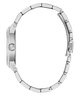 A close-up side profile of a silver stainless steel watch with a matching metal link bracelet, showing the side case, crown, and clasp mechanism against a plain white background.