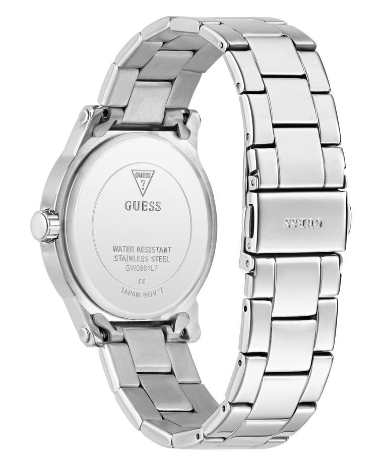 Silver Guess watch with metal band on a white background