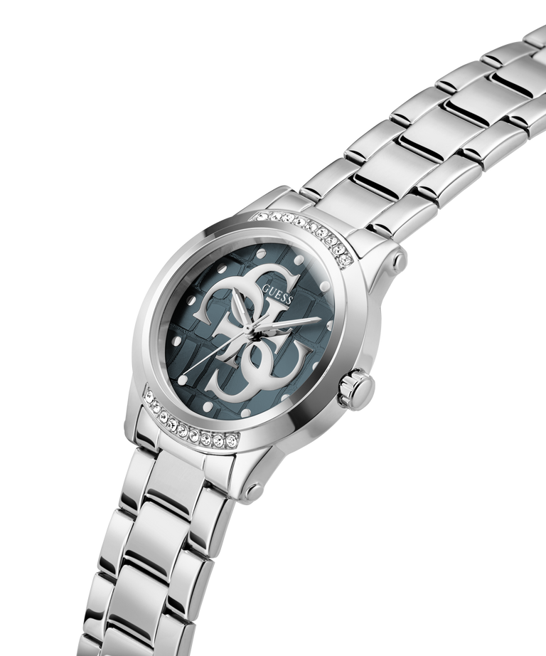 A Guess women's stainless steel watch with a silver-tone metal link bracelet, a round silver case accented with small clear crystals, and a dark gray dial featuring the Guess logo. lifestyle