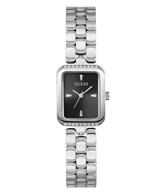 A GUESS women's analog watch with a rectangular black dial, silver-tone case, and a silver-tone link bracelet embellished with small clear crystals, shown against a plain white background.