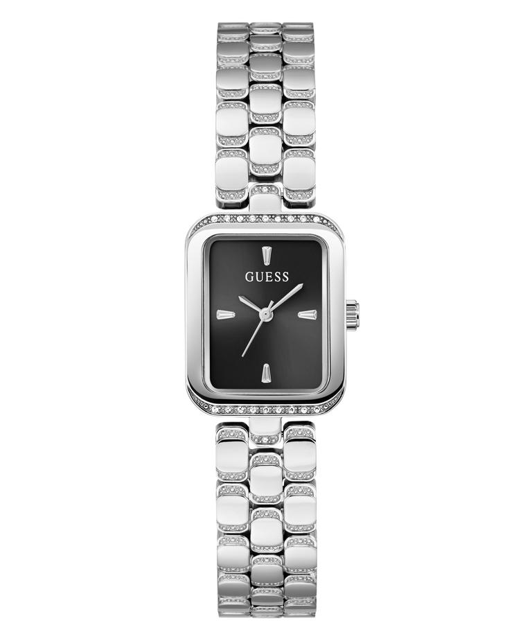A GUESS women's analog watch with a rectangular black dial, silver-tone case, and a silver-tone link bracelet embellished with small clear crystals, shown against a plain white background.