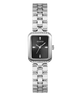 A GUESS women's analog watch with a rectangular black dial, silver-tone case, and a silver-tone link bracelet embellished with small clear crystals, shown against a plain white background.