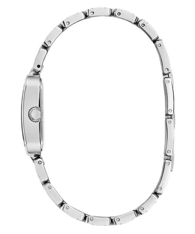 Silver stainless steel link bracelet watch shown from the side profile against a solid white background.