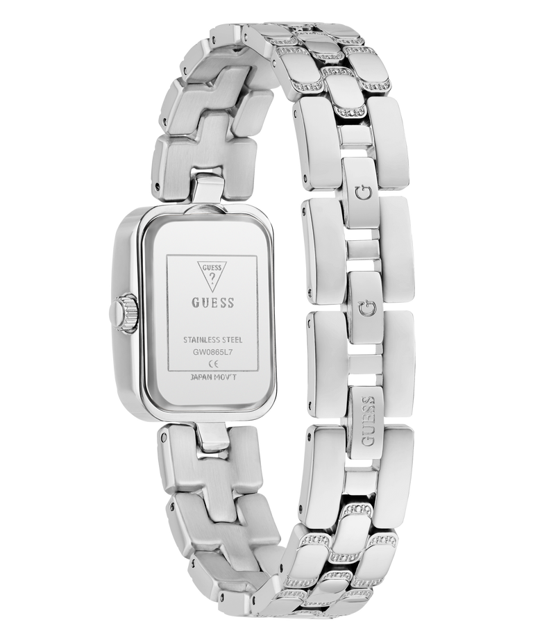 A stainless steel women's watch shown from the back, featuring a rectangular case and a multi-link bracelet with the brand name 'GUESS' engraved on each link, set against a plain white background.