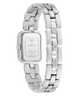 A stainless steel women's watch shown from the back, featuring a rectangular case and a multi-link bracelet with the brand name 'GUESS' engraved on each link, set against a plain white background.