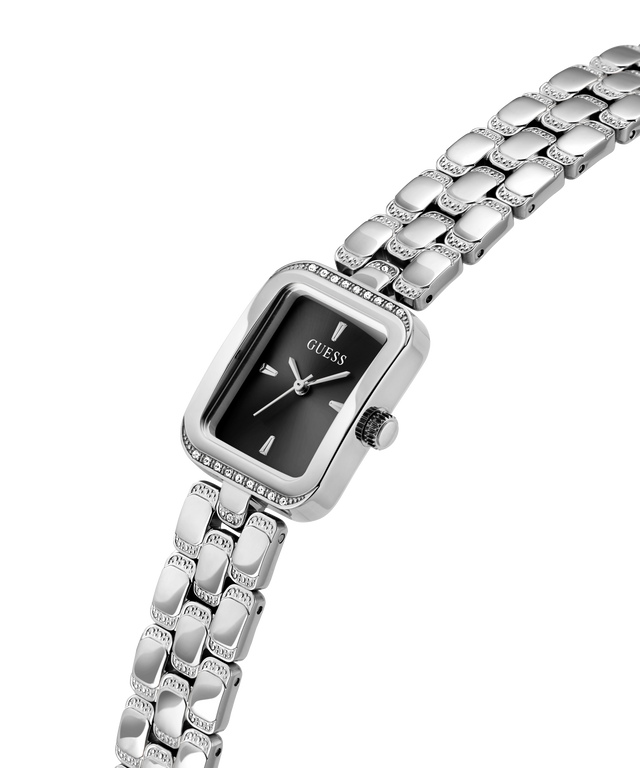 A GUESS women's watch featuring a silver-tone rectangular case with a black dial and a matching silver-tone link bracelet embellished with small clear crystals, shown on a plain white background. lifestyle