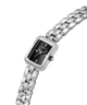 A GUESS women's watch featuring a silver-tone rectangular case with a black dial and a matching silver-tone link bracelet embellished with small clear crystals, shown on a plain white background. lifestyle