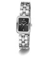 A GUESS women's watch featuring a silver-tone metal link bracelet, a bezel set with small clear crystals, and a black dial with silver-tone hands and indices.