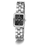 A GUESS women's watch featuring a silver-tone metal link bracelet, a bezel set with small clear crystals, and a black dial with silver-tone hands and indices.
