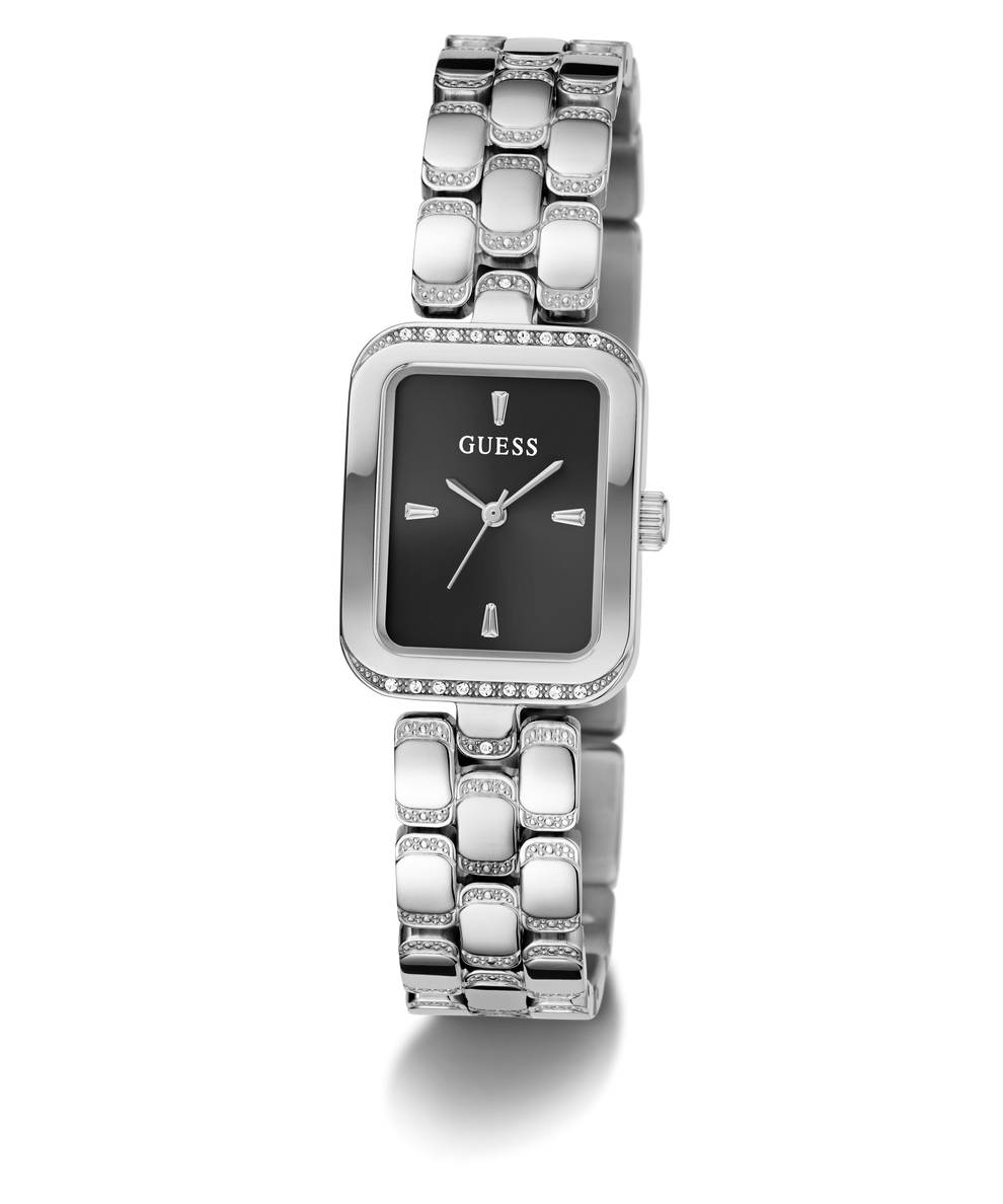 A GUESS women's watch featuring a silver-tone metal link bracelet, a bezel set with small clear crystals, and a black dial with silver-tone hands and indices.
