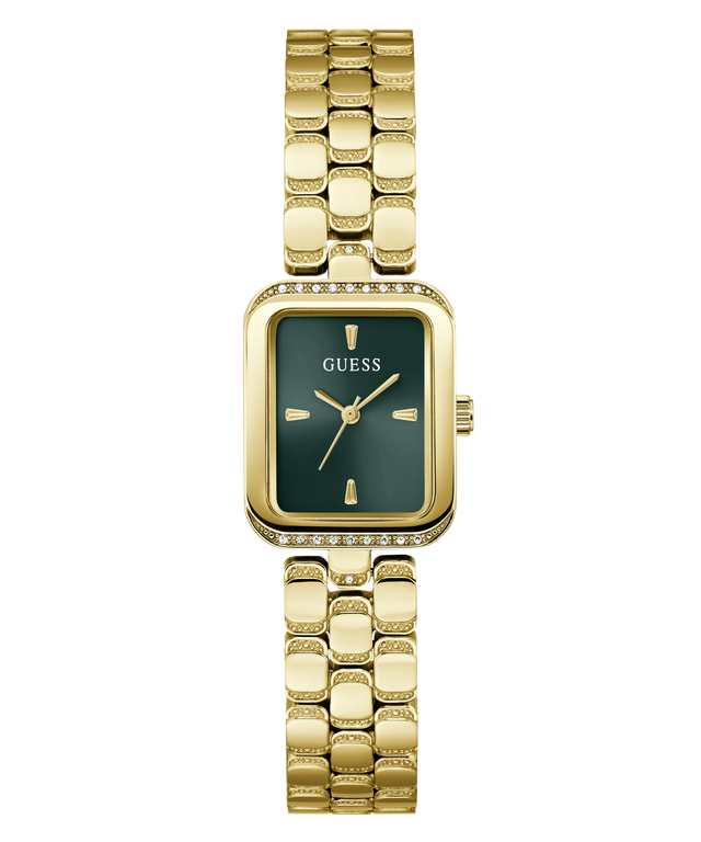 A Guess women's watch featuring a gold-tone rectangular case with a bezel-set crystal, a maroon dial with gold-tone hands and markers, and a matching gold-tone link bracelet.