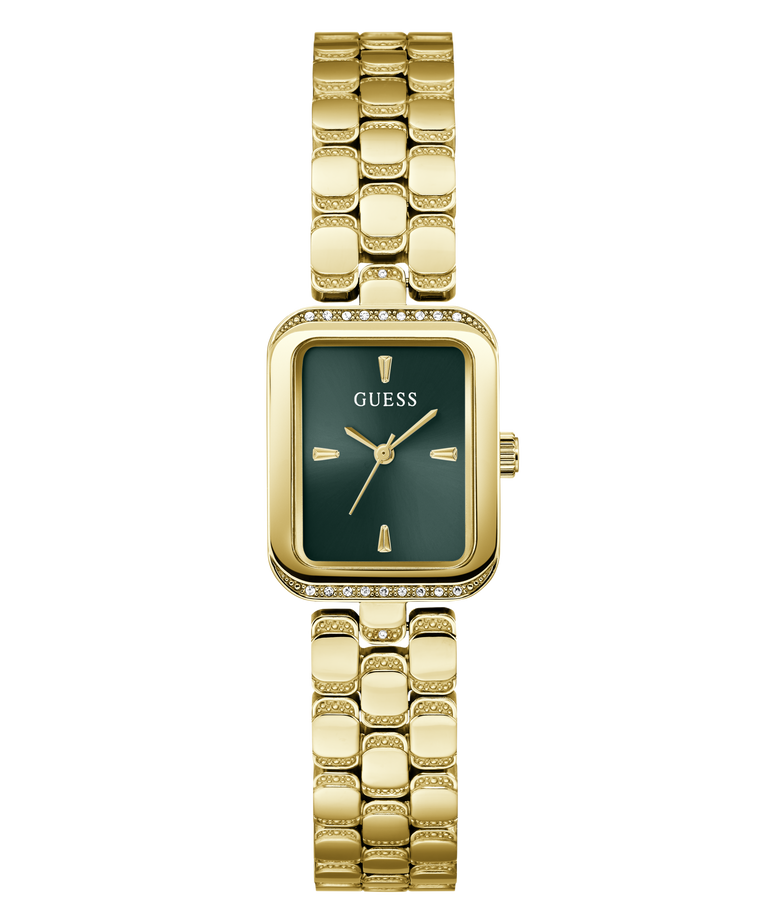A Guess women's watch featuring a gold-tone rectangular case with a bezel-set crystal, a maroon dial with gold-tone hands and markers, and a matching gold-tone link bracelet.