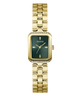 A Guess women's watch featuring a gold-tone rectangular case with a bezel-set crystal, a maroon dial with gold-tone hands and markers, and a matching gold-tone link bracelet.