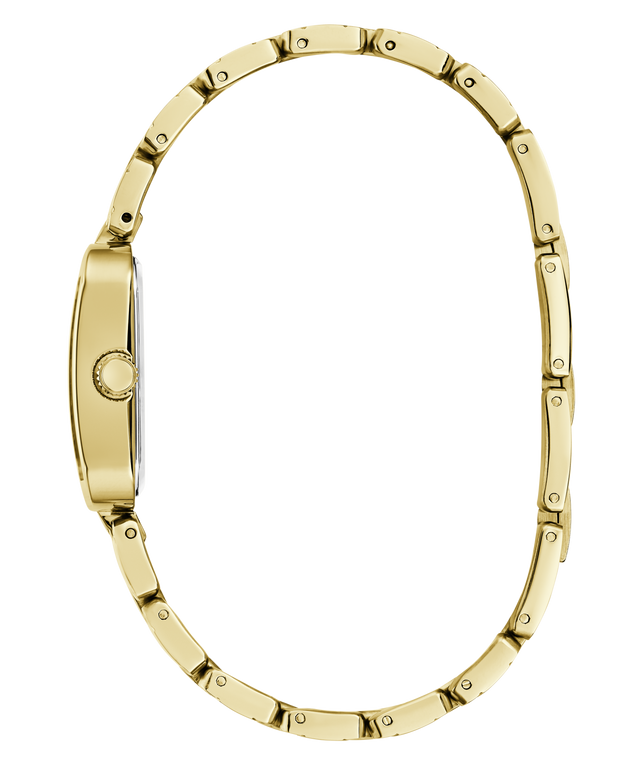 A gold-tone metal watch band shown from the side profile against a plain white background.