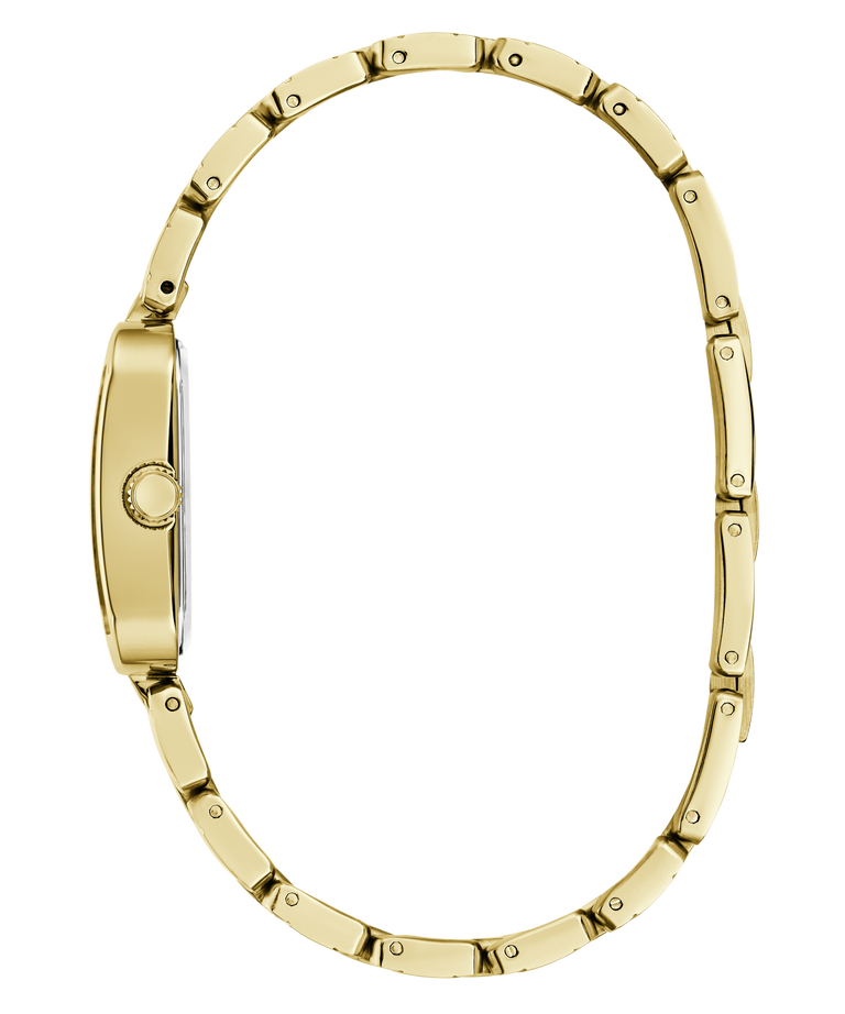 A gold-tone metal watch band shown from the side profile against a plain white background.