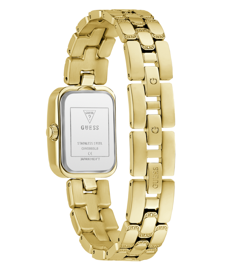 Gold-tone stainless steel women's watch with a rectangular case and matching link bracelet, shown from the back on a white background.