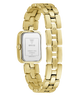 Gold-tone stainless steel women's watch with a rectangular case and matching link bracelet, shown from the back on a white background.