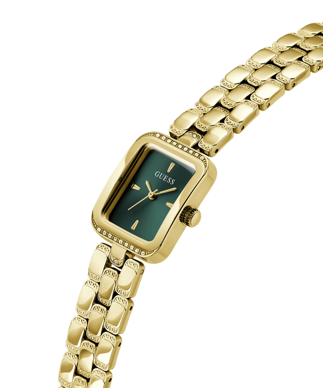 A gold-tone Guess watch with a rectangular green dial and a matching gold-tone link bracelet, shown on a plain white background. lifestyle