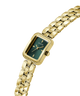 A gold-tone Guess watch with a rectangular green dial and a matching gold-tone link bracelet, shown on a plain white background. lifestyle