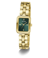 A gold-tone Guess watch with a rectangular green dial, crystal-accented bezel, and a matching gold-tone link bracelet, shown on a clean white background.