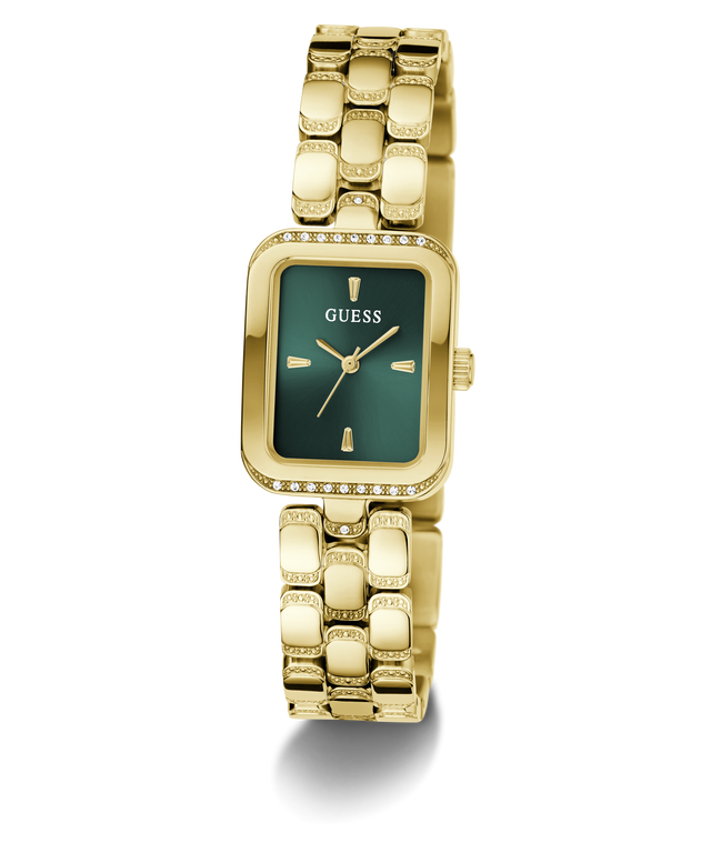 A gold-tone Guess watch with a rectangular green dial, crystal-accented bezel, and a matching gold-tone link bracelet, shown on a clean white background.