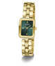 A gold-tone Guess watch with a rectangular green dial, crystal-accented bezel, and a matching gold-tone link bracelet, shown on a clean white background.