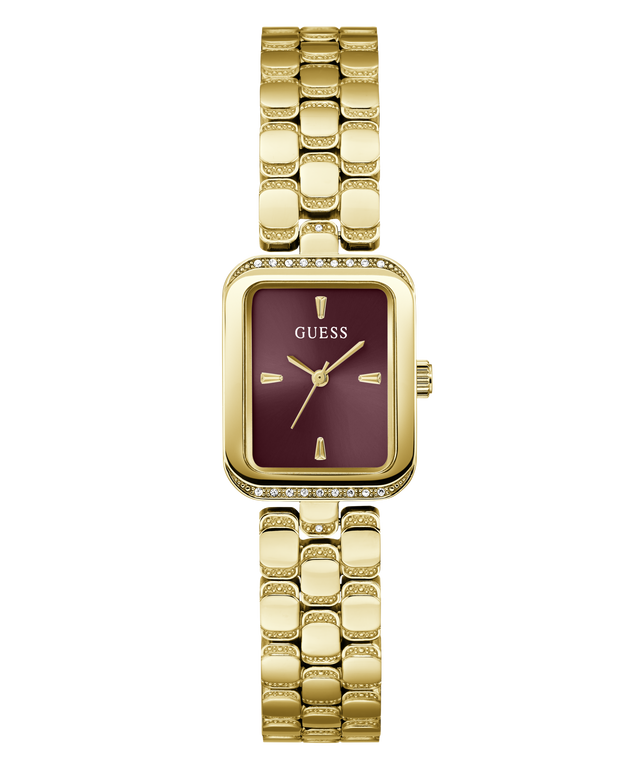 A Guess women's watch featuring a gold-tone rectangular case with a bezel-set crystal, a maroon dial with gold-tone hands and markers, and a matching gold-tone link bracelet.