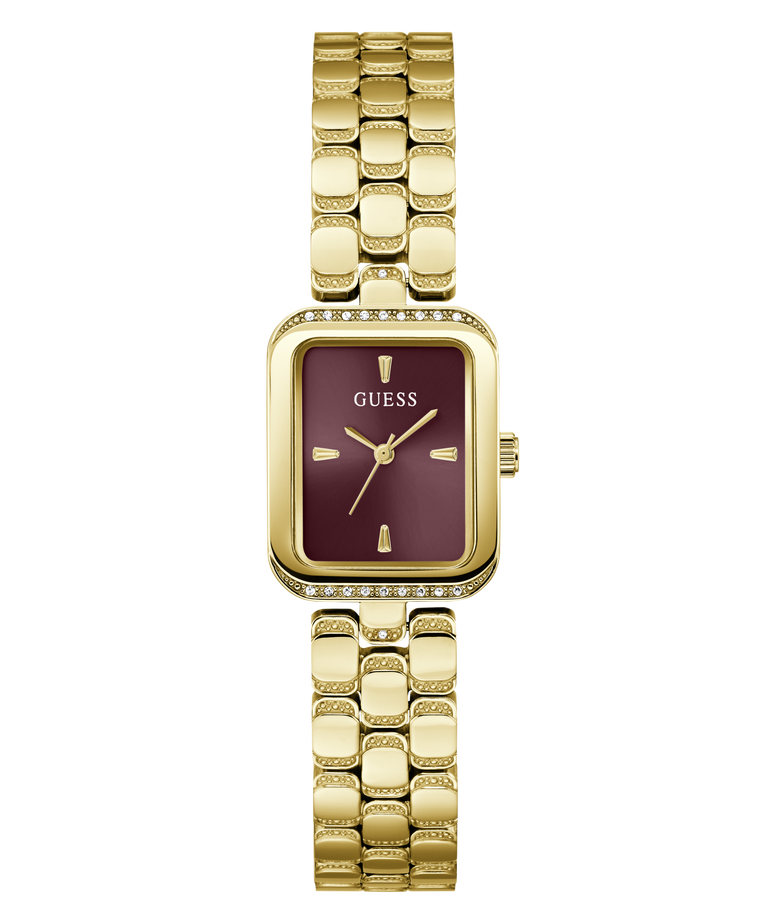A Guess women's watch featuring a gold-tone rectangular case with a bezel-set crystal, a maroon dial with gold-tone hands and markers, and a matching gold-tone link bracelet.