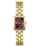 A Guess women's watch featuring a gold-tone rectangular case with a bezel-set crystal, a maroon dial with gold-tone hands and markers, and a matching gold-tone link bracelet.