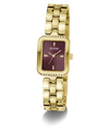 A gold-tone Guess watch with a rectangular maroon dial and a matching gold-tone link bracelet, shown on a clean white background.