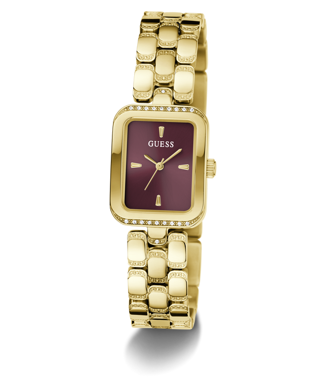 A gold-tone Guess watch with a rectangular maroon dial and a matching gold-tone link bracelet, shown on a clean white background.