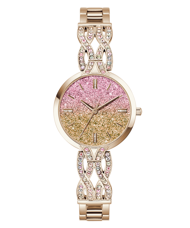 A women's rose gold-tone wristwatch with a glittery pink-to-gold gradient dial and a matching crystal-studded link bracelet, shown on a plain white background.