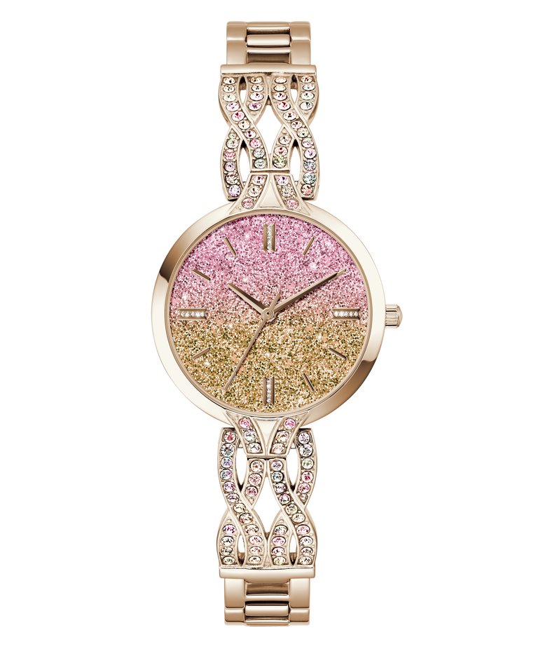 A women's rose gold-tone wristwatch with a glittery pink-to-gold gradient dial and a matching crystal-studded link bracelet, shown on a plain white background.
