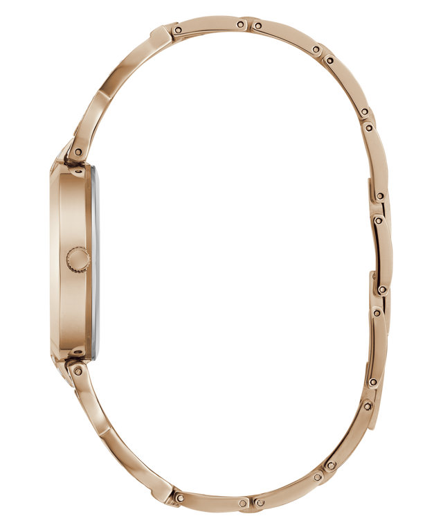 A rose gold metal watch with a matching link bracelet, shown from a side profile view against a solid white background.