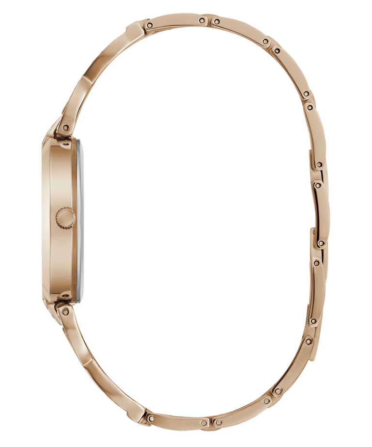A rose gold metal watch with a matching link bracelet, shown from a side profile view against a solid white background.