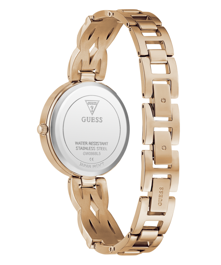 Rose gold stainless steel women's watch with a link bracelet, shown from the back to display the branded case back.