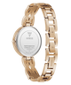 Rose gold stainless steel women's watch with a link bracelet, shown from the back to display the branded case back.